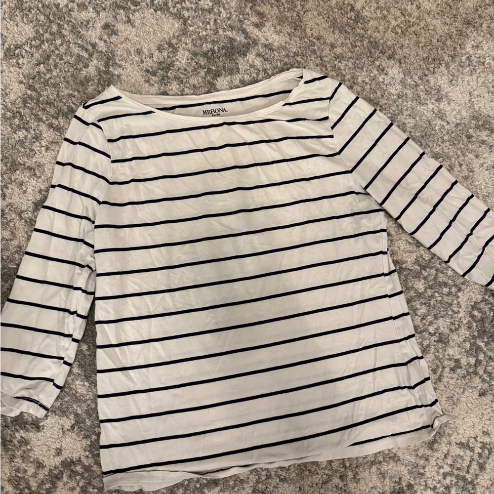 Merona Women's Midsleeve Sleeve Black and White Striped Tee